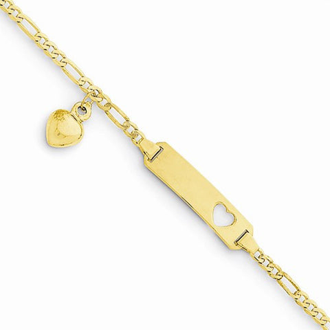 14K Yellow Gold Engraveable Figaro Link with Dangling Heart Baby Child Id Bracelet