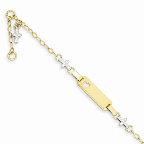 14K Yellow Gold Two-Tone Polished and Textured Cross Baby Id within Bracelet