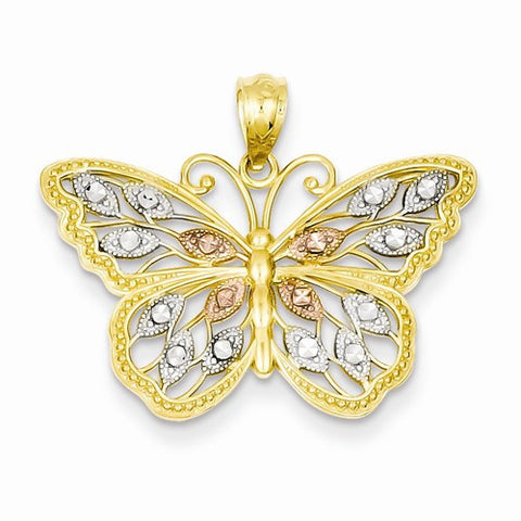 14k Yellow Gold and Rhodium Plated Diamond Cut Butterfly Pendant, Pendants for Necklace