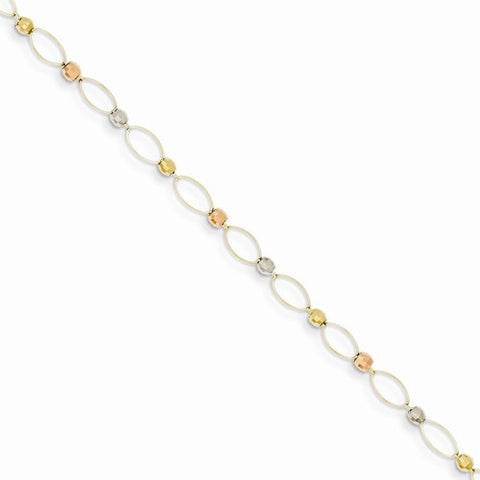 14K Gold Tri-Color Oval Link Two-Tone Mirror Beads Bracelet
