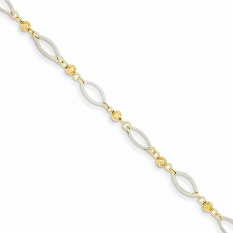 14K Yellow Gold Two Tone Oval Marquise Links with Diamond-Cut Beads Bracelet
