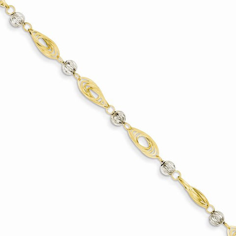 14K White and Yellow Gold Oval Links with Diamond-Cut Beads Bracelet