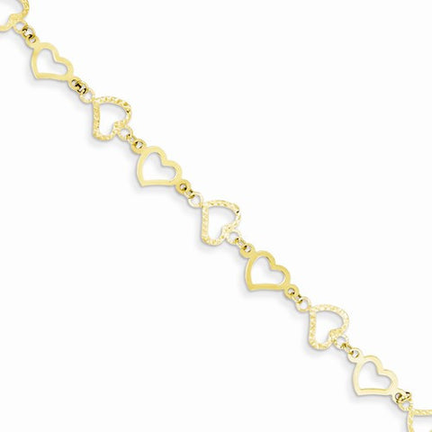 14K Yellow Gold Flat Diamond-Cut Open Hearts Bracelet