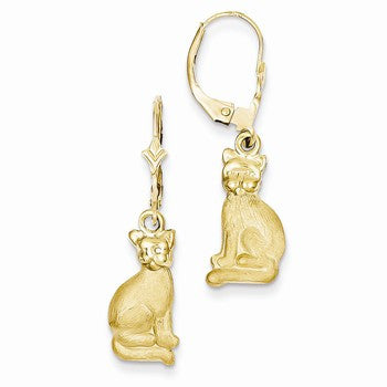 14k Yellow Gold Satin Cat Dangle Leverback Earrings