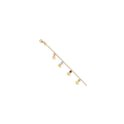 14K Yellow Gold Polished Dangling Hearts with Synthetic Stones Attached Fancy Bracelet