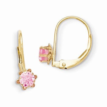 14k Yellow Gold Leverback 3mm Pink CZ Earrings