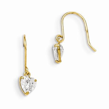 14k Yellow Gold CZ Childrens Heart Dangle Earrings