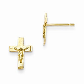 14k Yellow Gold Diamond-cut Childrens Crucifix Post Earrings