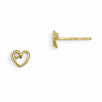 14k Yellow Gold CZ Childrens Heart Post Earrings