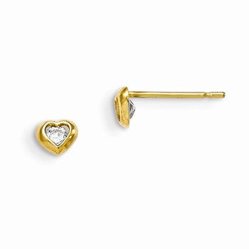 14k Yellow Gold CZ Childrens Heart Post Earrings
