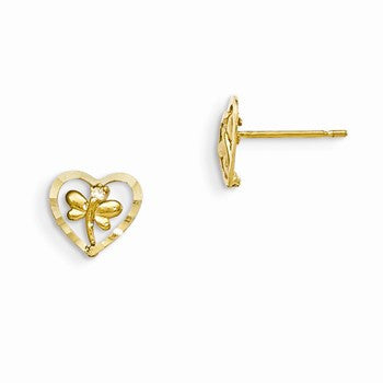 14k Yellow Gold CZ Diamond-cut Childrens Dragonfly Post Earrings