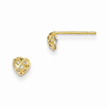 14k Yellow Gold CZ Diamond-cut Childrens Heart Post Earrings