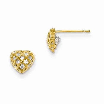 14k Yellow Gold CZ Diamond-cut Childrens Heart Post Earrings