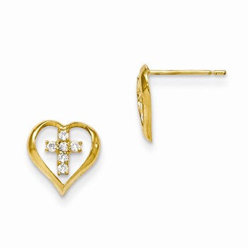 14k Yellow Gold CZ Childrens Heart Cross Post Earrings