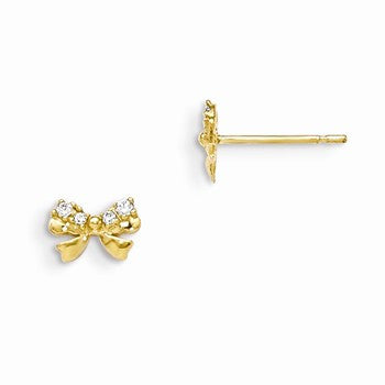 14k Yellow Gold CZ Childrens Bow Post Earrings