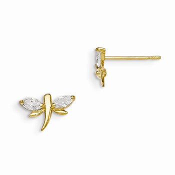 14k Yellow Gold CZ Childrens Dragonfly Post Earrings
