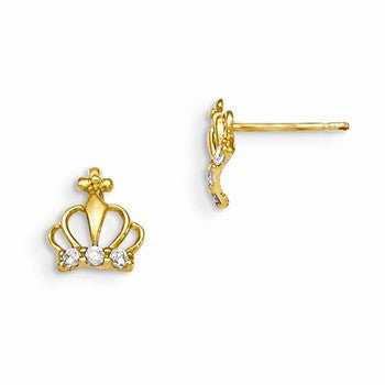 14k Yellow Gold CZ Childrens Crown Post Earrings