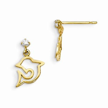 14k Yellow Gold CZ Childrens Dolphin Dangle Post Earrings