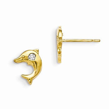 14k Yellow Gold CZ Childrens Dolphin Post Earrings