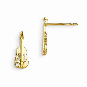 14k Yellow Gold CZ Childrens Violin Post Earrings