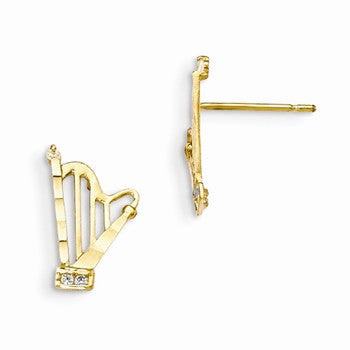 14k Yellow Gold CZ Diamond-cut Childrens Harp Post Earrings