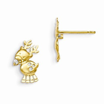 14k Yellow Gold CZ Childrens Reindeer Post Earrings