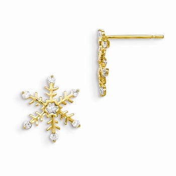 14k Yellow Gold CZ Childrens Snowflake Post Earrings