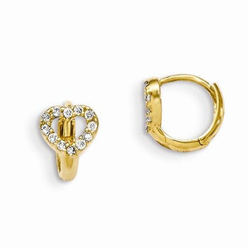 14k Yellow Gold CZ Childrens Heart Hinged Hoop Earrings