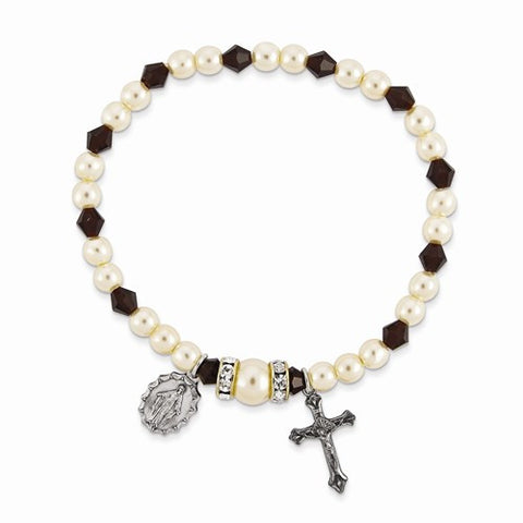 January Crystal & Faux Pearl Stretch Miraculous & Crucifix Bracelet