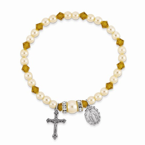 November Crystal & Faux Pearl Stretch Miraculous & Crucifix Bracelet