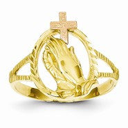 14k Two-tone Diamond-Cut Praying Hands Cross Ring
