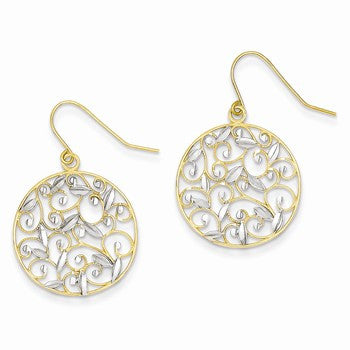 14k Yellow Gold Rhodium Diamond-cut Filigree Circle Wire Earrings