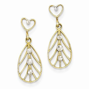14k Yellow Gold Rhodium Diamond-cut Dangling Teardrop Heart Post Earrings