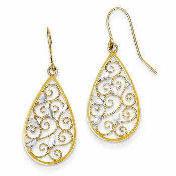 14k Yellow Gold Rhodium Diamond-cut Filigree Teardrop Wire Earrings