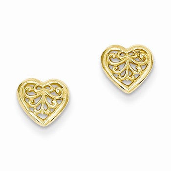 14k Yellow Gold Filigree Heart Post Earrings