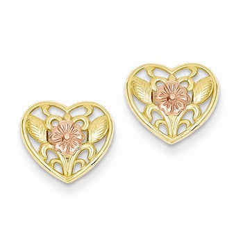 14k Two-tone Heart with Pink Flower Post Earrings