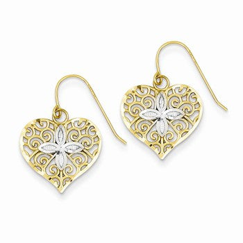 14k Yellow Gold Rhodium Heart Cut-Out Filigree & Flower Wire Earrings