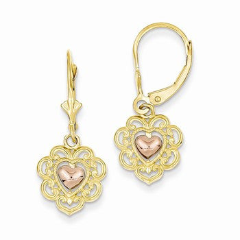 14k Two-tone Heart with Lace Trim Leverback Earrings