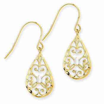 14k Yellow Gold Rhodium Diamond-cut Teardrop Filigree Dangle Earrings
