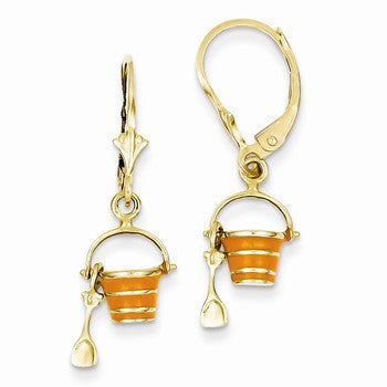 14k Yellow Gold Orange Enameled Beach Bucket with Shovel Leverback Earrings