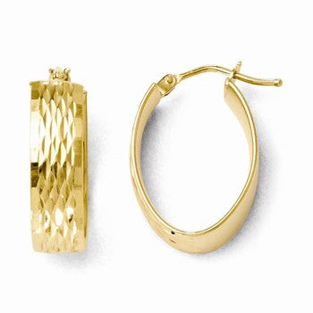 14k Yellow Gold Polished & Diamond-cut Oval Hoop Earrings