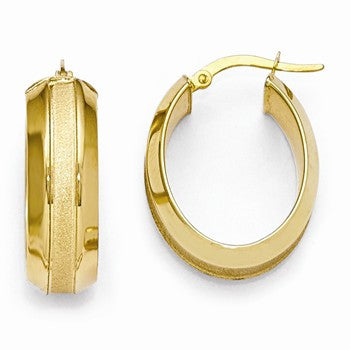 14k Yellow Gold Polished & Brushed Oval Hinged Hoop Earrings