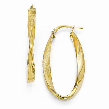 14k Yellow Gold Polished & Satin Twisted Oval Hoop Earrings