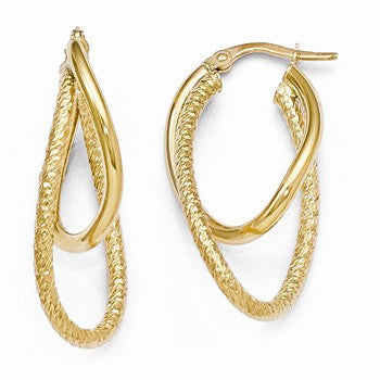 14k Yellow Gold Polished & Textured Hinged Hoop Earrings