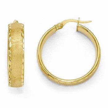 14k Yellow Gold Polished Diamond-cut Brushed Hoop Earrings