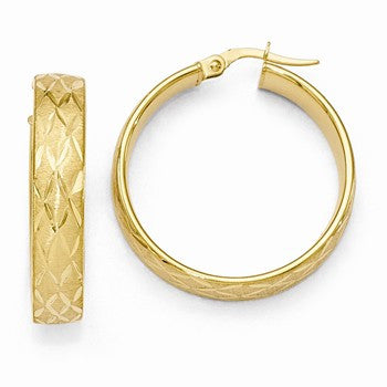 14k Yellow Gold Polished Diamond-cut Brushed Large Hoop Earrings