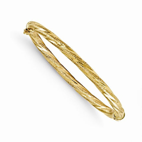 14K Yellow Gold Polished and Textured Twisted Hinged Bangle Bracelet