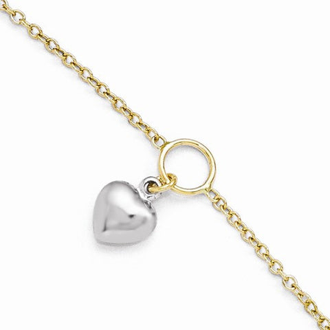 14K White and Yellow Gold Polished Heart Anklet Bracelet