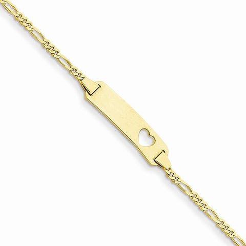 14K Yellow Gold Figaro Link Id Plate with Cut-Out Heart Bracelet