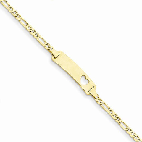 14K Yellow Gold Figaro Link Id Plate with Cut-Out Heart Bracelet
